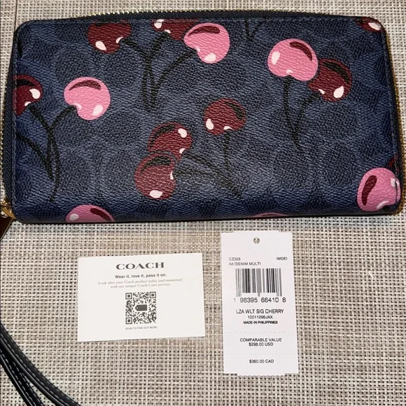 NWT Coach Cherry Print CityTote and Wallet Set -Navy Blue Pink Incl DB,Charm - Picture 11 of 15